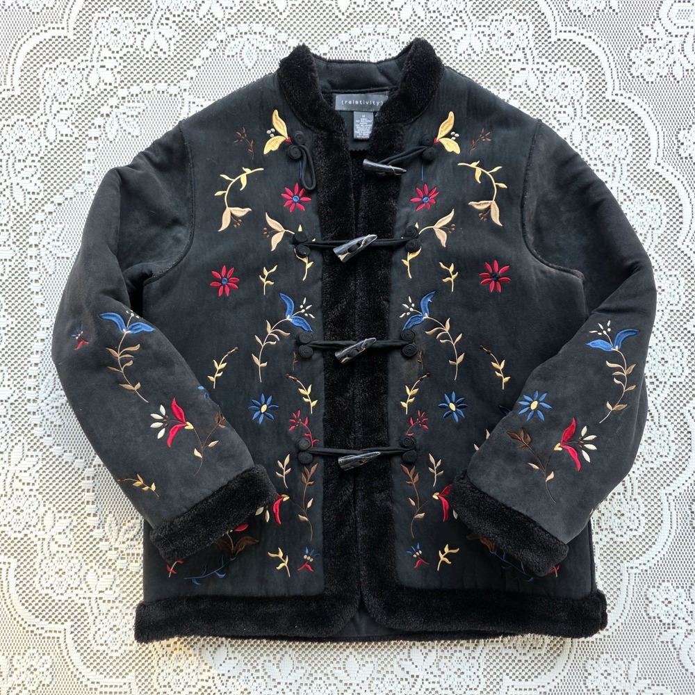 VTG Penny Lane Coat Size M Black Phoebe Toggle Floral Faux Leather Y2K Shearling